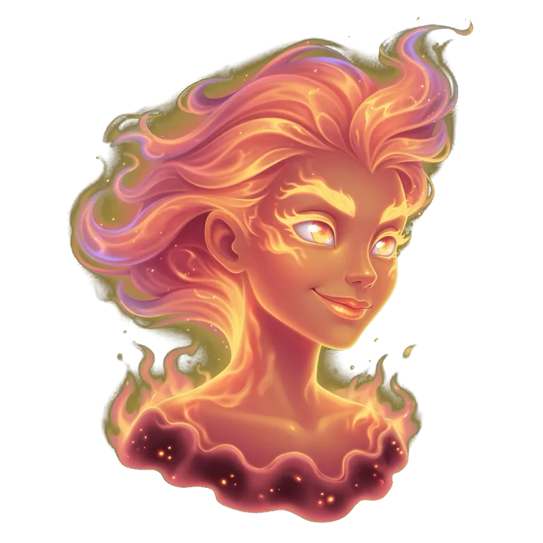 Pneuma: a humanoid of living fire in the form of a woman, smiling
