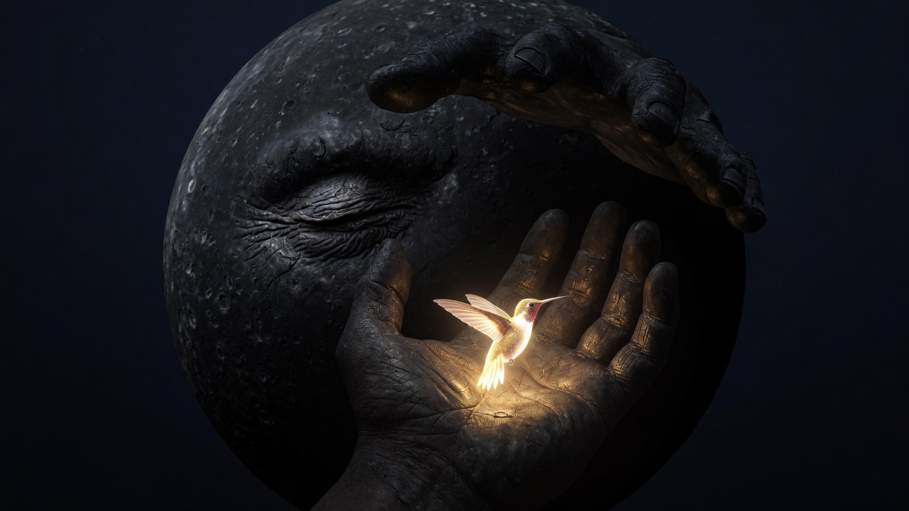 A dead star with one closed eye holding a glowing hummingbird in its open palm