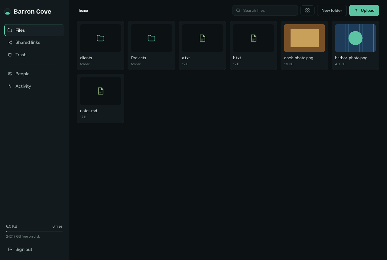 Barron Cove running in a browser — file grid with thumbnails and upload queue