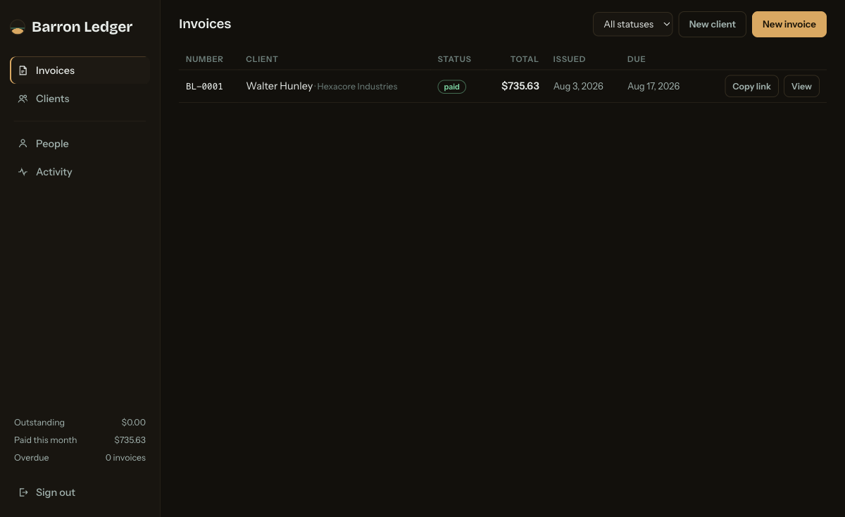 Barron Ledger invoice list dashboard