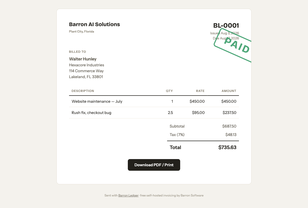 A Barron Ledger public invoice with PAID stamp