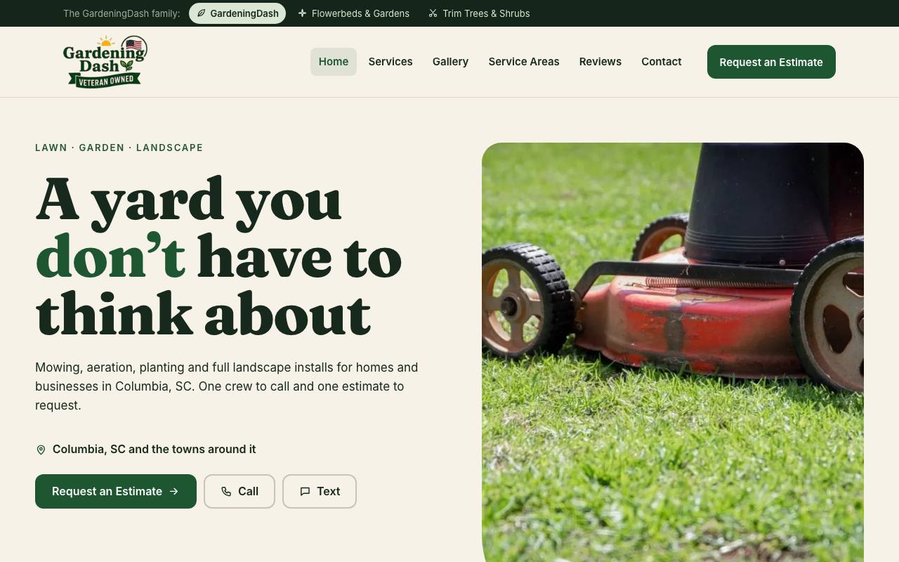 Screenshot of the three connected landscaping sites demo