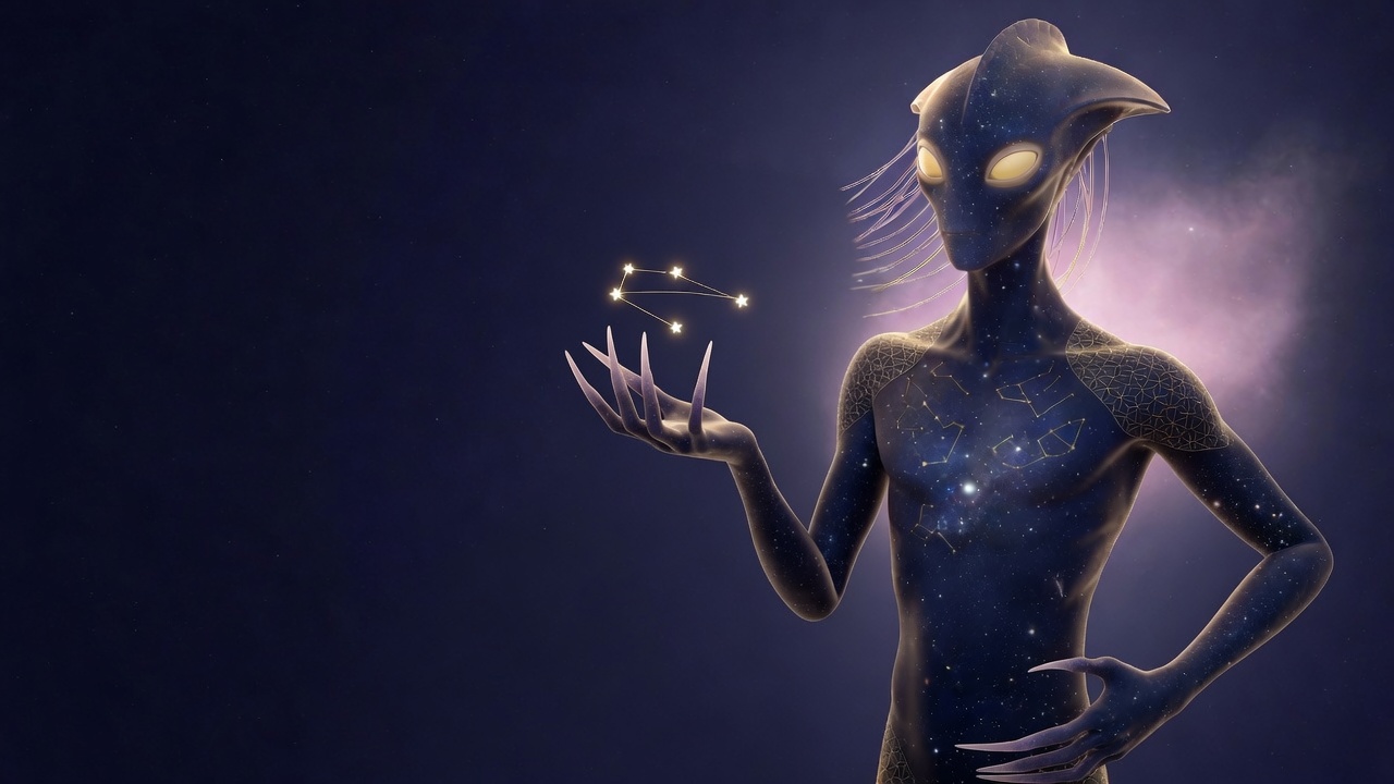 Mneva, an alien whose skin holds a night sky, with a constellation floating over her hand